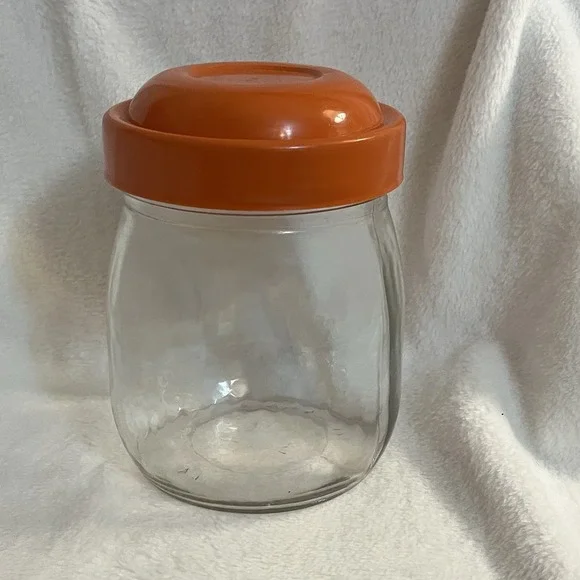 Vintage 70's Clear Carlton Glass Jar W/Orange Lid 3/4 Liter‎ 80s 6x4