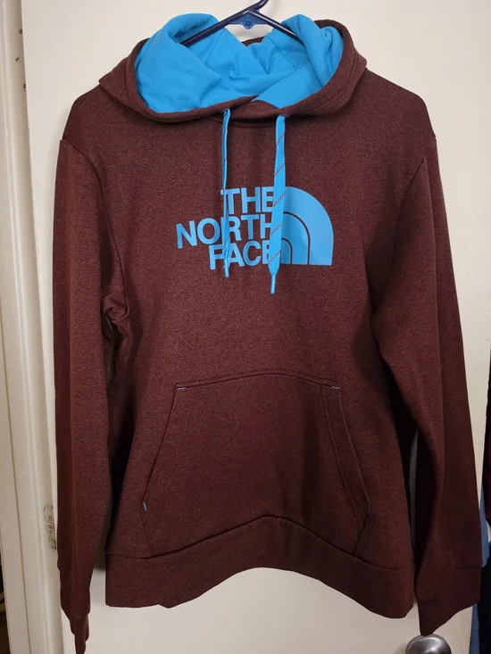 The North Face Maroon Hoodie with Bright Blue Accents