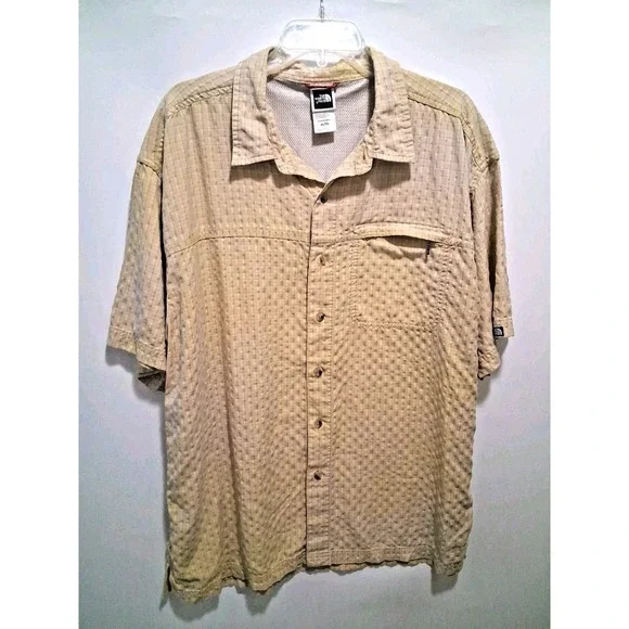 The North Face Men's XL Plaid Button Vented Short Sleeve Shirt Yellow Gray White