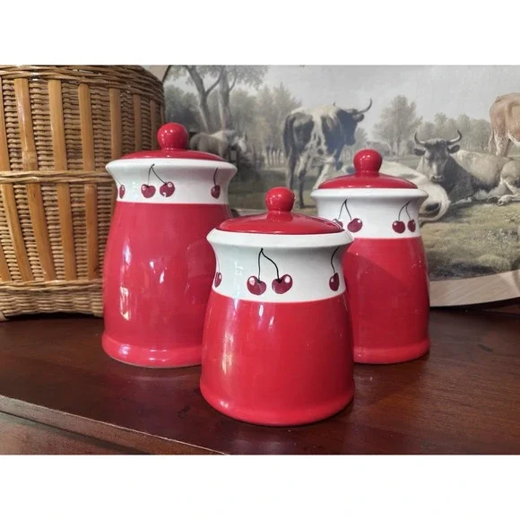 Vintage Terramoto Two Ceramic Kitchen Canisters  Cherries Red White Cottagecore