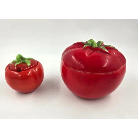 1940's Vtg Pantry Parade Ceramic Tomato Lidded Sugar Jar & Container Set of 2