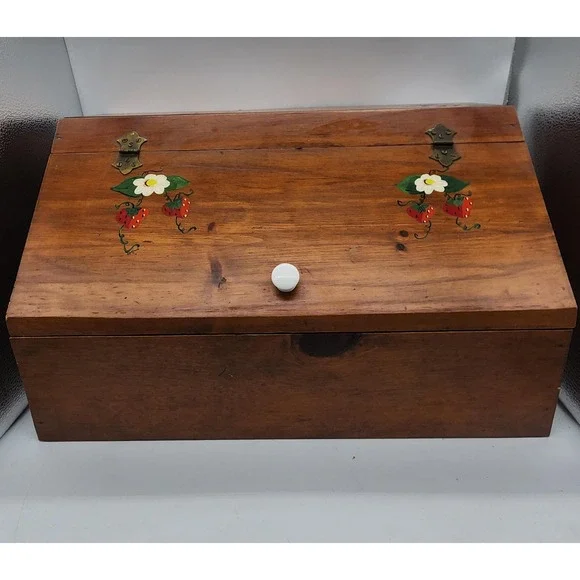 Vintage Bread Box with Hand painted Strawberries