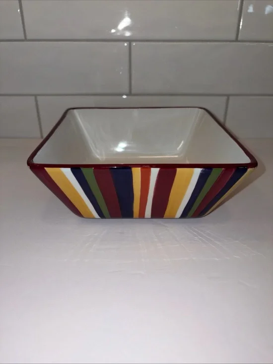 The Pampered Chef Square Ceramic Dish with Red and Multicolor Stripe Trim