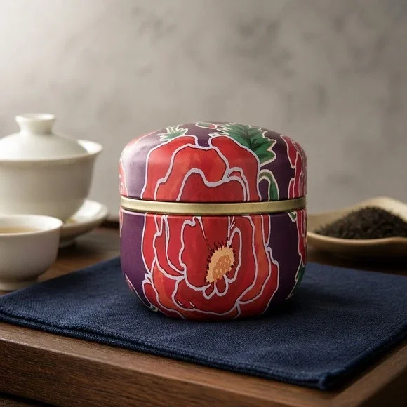 Metal tea storage canister with floral design, double-lid airtight container