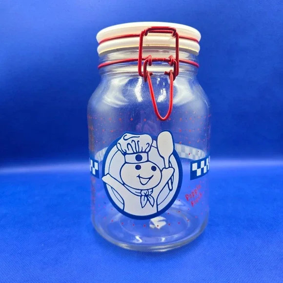 Vintage Pillsbury Doughboy Poppin Fresh Glass Canister Red Wire Bail Lid 8in