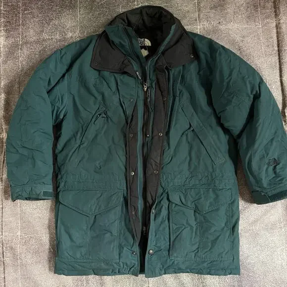 Mens Vintage 90s The North Face Forest Green Black Goose Down Puffer Jacket Sz L