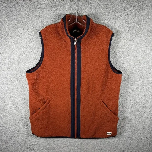 The North Face Mens Full Zip Fleece Vest Large Burnt Orange Navy Blue Outdoors