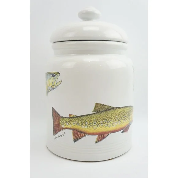 Angler's Expressions Trout Ceramic Canister Bill Bishop Jr 1998 White Excellent