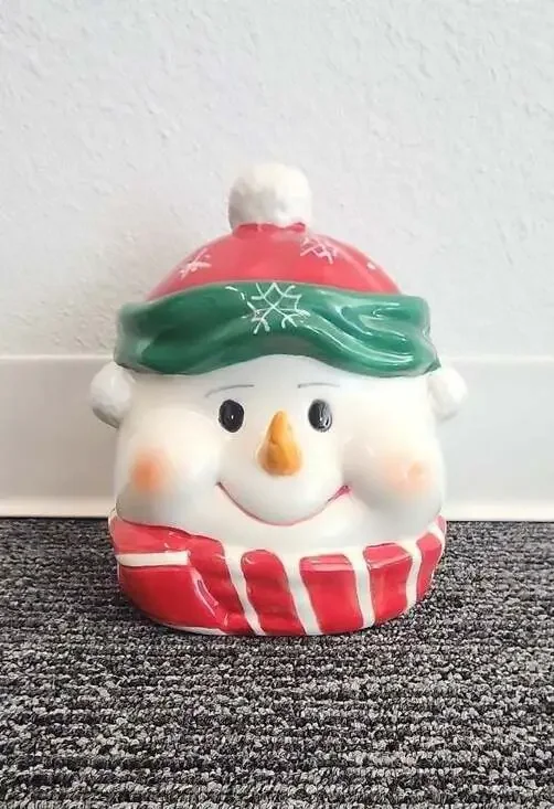 Ceramic Christmas Snowman Head Cookie Jar Red Green Scarf
