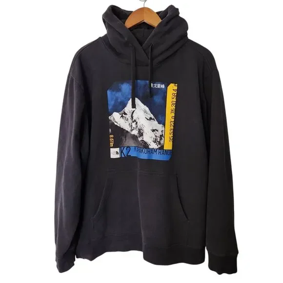 The North Face Mens Size XXL Black Hoodie K2 Karakoram Range Mountain Sweatshirt