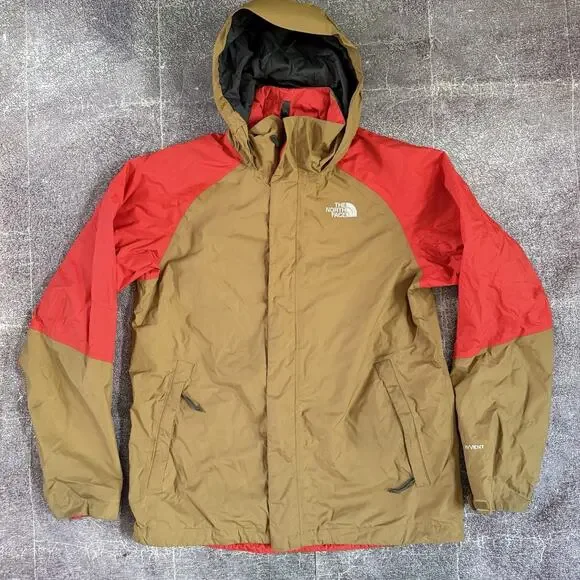 Men's The North Face Orange Tan Color Block Hyvent Hooded Rain Coat Jacket Sz S