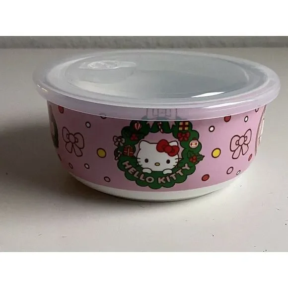 Hello‎ Kitty Christmas Pressure Lid Ceramic Food Storage Bowl Pink LARGE NEW
