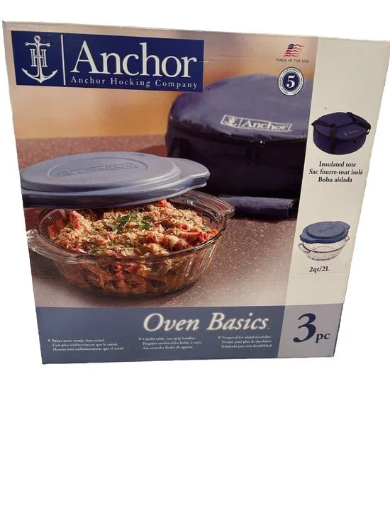 Anchor Hocking Co. Oven Basics 3pc Set Lid, 2qt/2L Bowl, & Insulated Tote - NEW