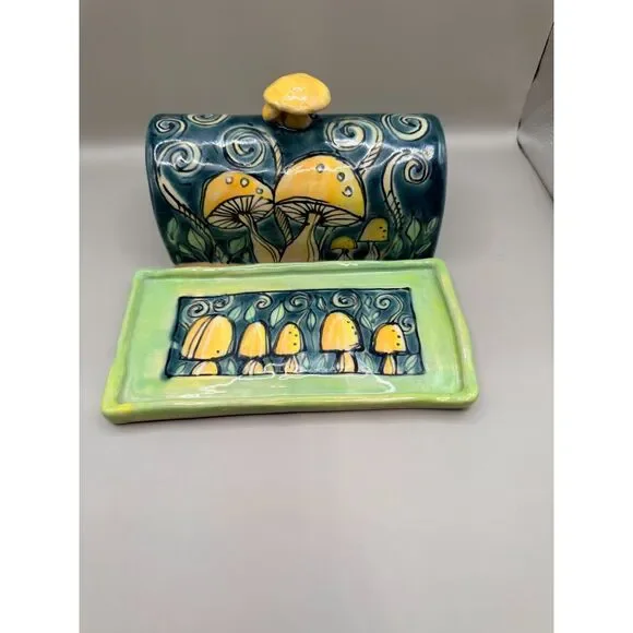 Handmade Hand Painted Ceramic Mushroom Butter Dish Cottagecore Whimsical Pottery