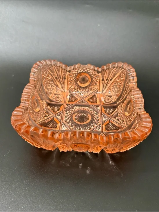 Vintage Salmon Pink Depression Pressed Glass Sawtooth Rim Square Candy Dish