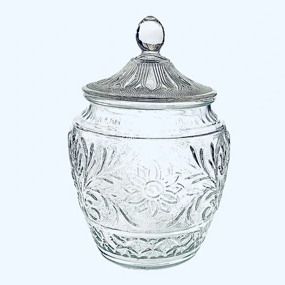 Vintage 1940’s Anchor Hocking Clear Sunflower Pressed Glass Cookie Jar
