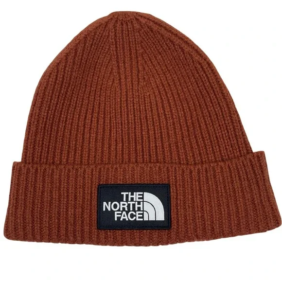 The North Face Box Logo Cuffed Beanie Unisex Brown Rust Ribbed Knit Patch