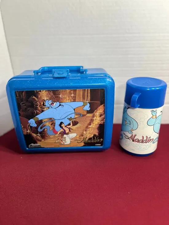 Vint 1993 Disney Aladdin Plastic Lunchbox with Matching Thermos Set Glitter Blue