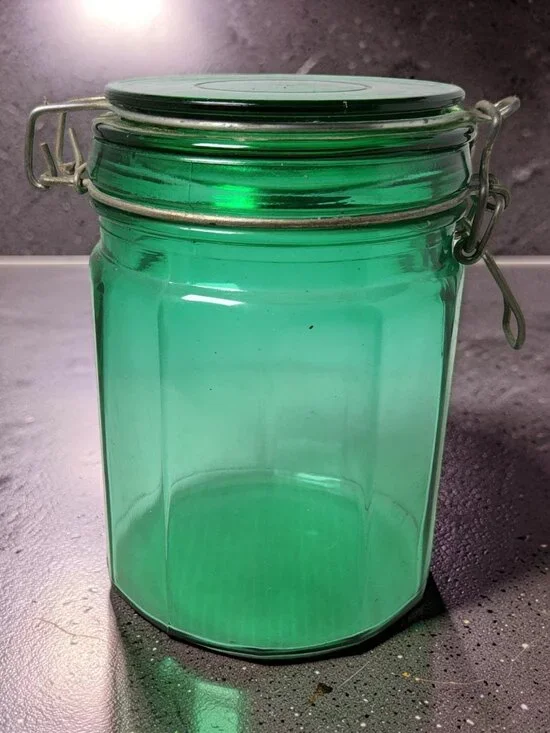 Vintage Juniper Green Paneled Glass Canister Locking Lid Jar