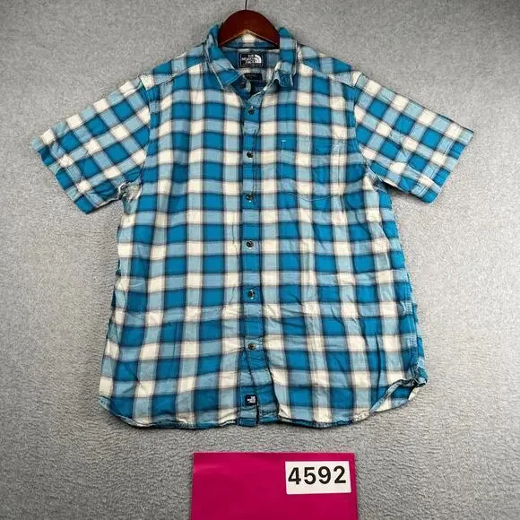 The North Face Shirt Teal White Check Casual Pocket Button Up Short Sleeve L