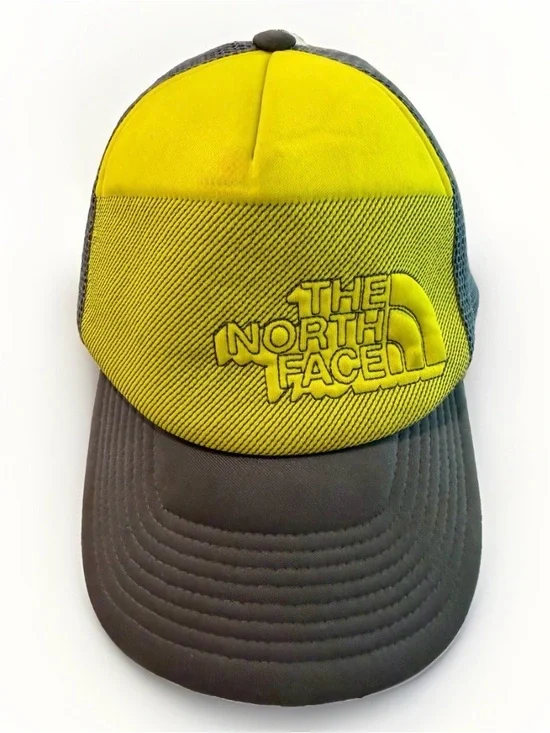 The North Face Cross Stitch Trucker Hat Cap Snapback One Size Yellow Gray