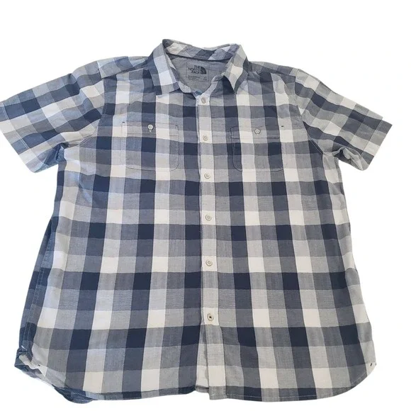 The North Face Button Up Shirt Mens Navy Blue White XL Plaid Chest Pocket Casual