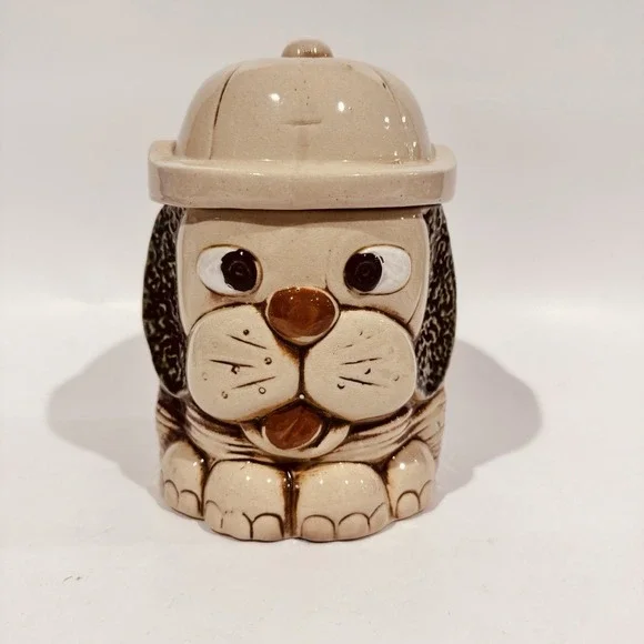 Vintage 70s Mount Clemens Art Pottery Dog Cookie Jar W Hat‎ Lid USA