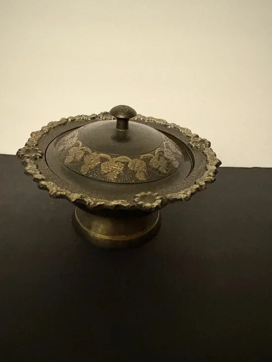 Vintage Black and Gold Enameled Embossed Brass Covered Tooted Dish