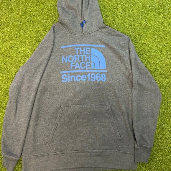 The North Face Mens XXL Gray Blue Logo Since 1968 Pullover Hoodie Sweatshirt