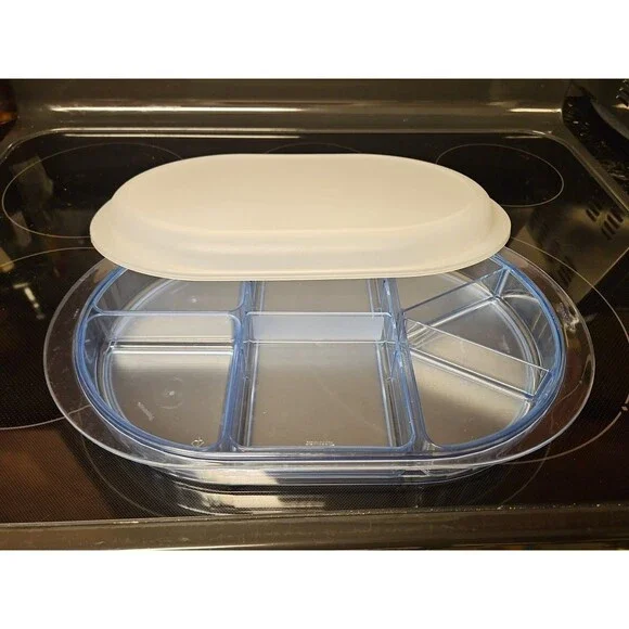 Vintage Tupperware Preludio Blue Acrylic Divided Serving Tray with Lid 2015A-1
