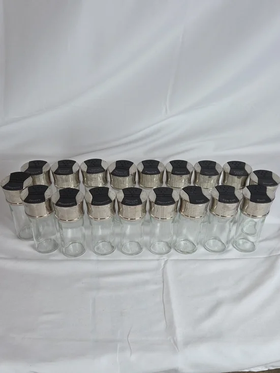 Set of 18 Clear Glass Spice Jars with Silver Lids and Black Labels