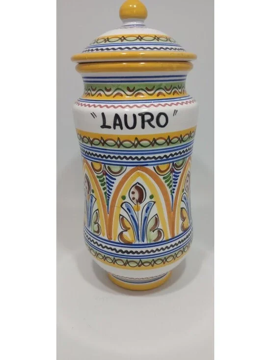 LAURO Bay Leaves Ceramic Kitchen Spice Canister with Lid Made In Spain