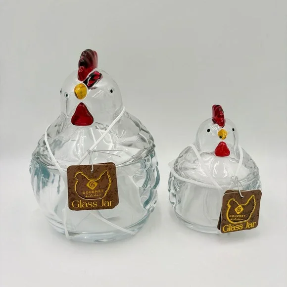 Gourmet Kitchen Glass Chicken Jar Set of 2 Clear Hen Canisters Farmhouse Decor