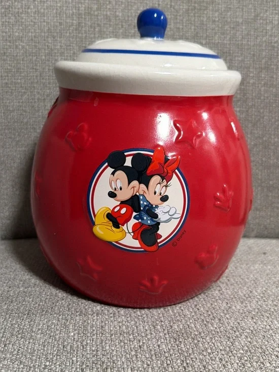 Vintage Disney Red Mickey & Minnie Ceramic Cookie Jar with White Lid