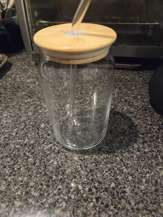 Small Clear Glass Tumbler with Bamboo Lid & Reusable Plastic Straw