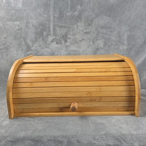 Large Rolltop Bamboo Wood Bread Box Light Natural Wood Grain