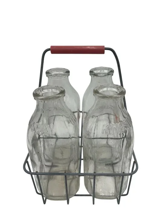 Vintage Wire Milk Bottle Carrier With Four 1-Quart Glass Bottles Kingsway & Farm