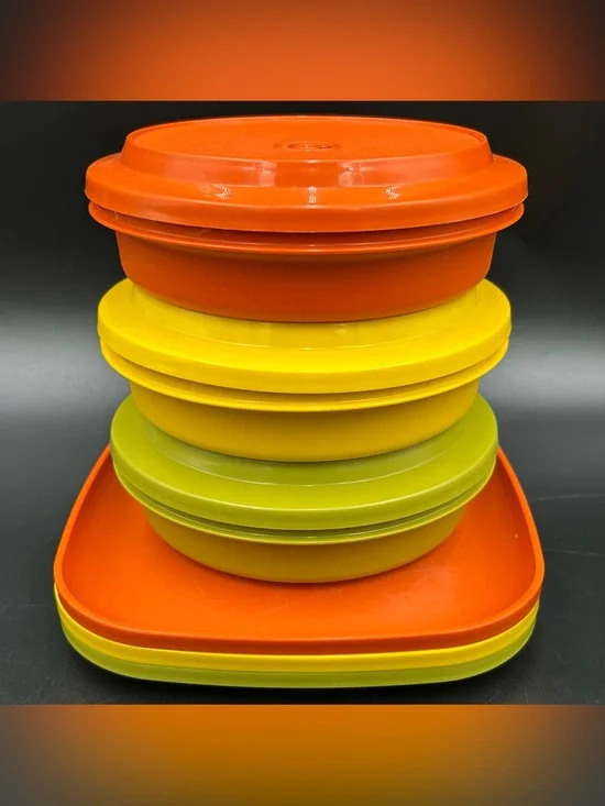 Vintage Tupperware Servalier 9 Pc Set Bowls Lids Plates Harvest Colors MCM