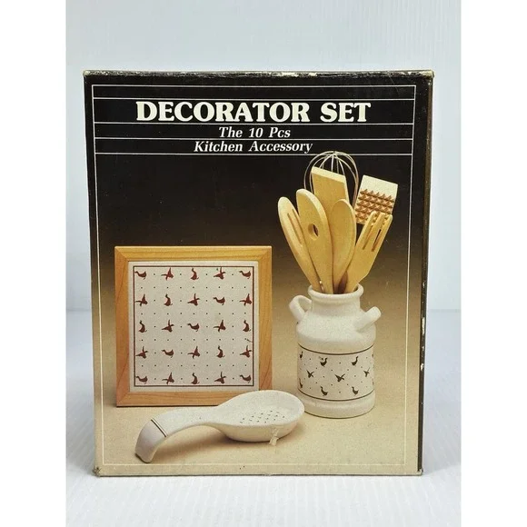 Vintage Country Kitchen Decorator Set 10 Piece Wood  Utensil Grannycore Ducks