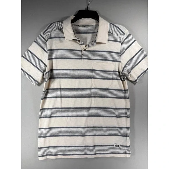 The North Face Mens Small Cream Grey Striped Short Sleeve Cotton Polo Shirt