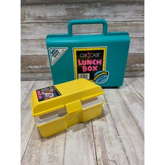 Vintage 1993 Clik Case Lunch Box Teal Yellow Clik Cooler Set Retro 90s USA Made