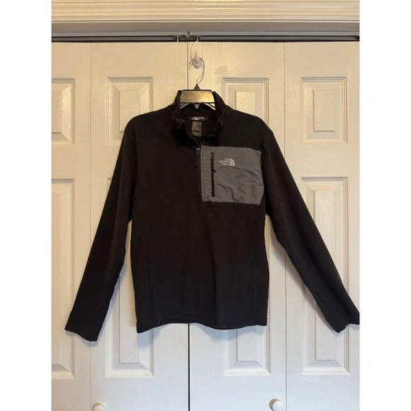 The North Face Mens Quarter Zip Fleece Pullover Black Grey Pocket Small