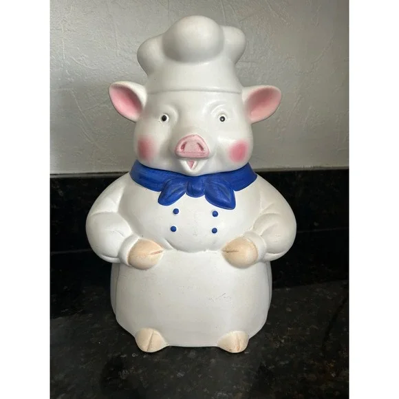 GKA Ceramic Pig Chef Cookie Jar White Blue Farmhouse Kitchen Decor 10.5 Inch
