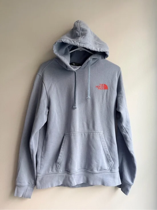 The North Face Men's Pale Blue Pullover Hoodie with Red Logo