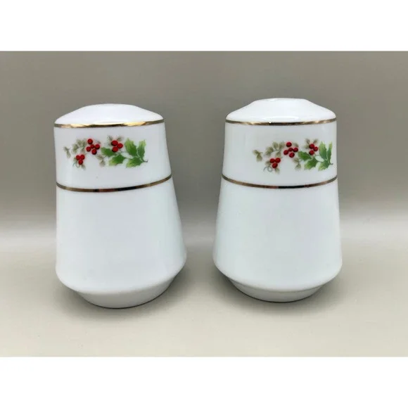 Christmas Holly Berry Porcelain Salt Pepper Shaker Set Gold Trim White Mistletoe