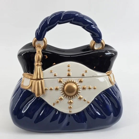 David's Cookies Handbag Cookie Jar : Navy Blue & Gold Purse Vintage