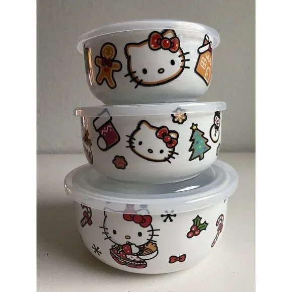 Set Of 3 Hello Kitty Christmas Pressure Lid Ceramic Food Storage Bowls Container