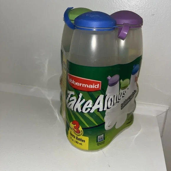 2003 RUBBERMAID Take Along 17 oz Sport‎ Bottles w/ Strap Cap One Cap Damaged
