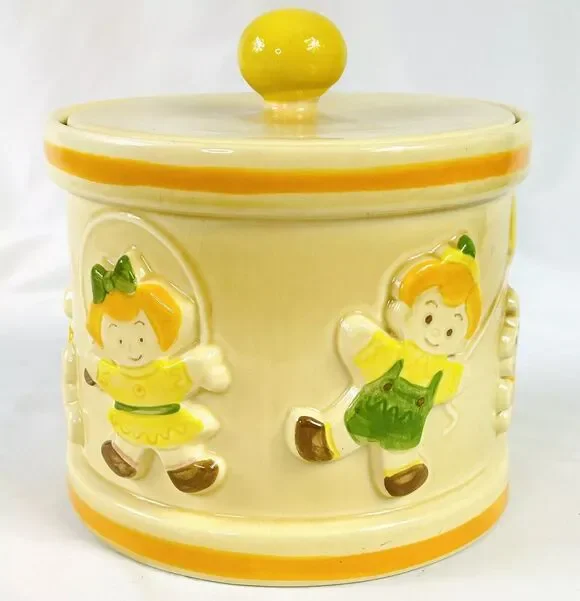 Vtg Metlox Poppytrail Drum Cookie Jar Canister w/ Lid Children Kids Playing