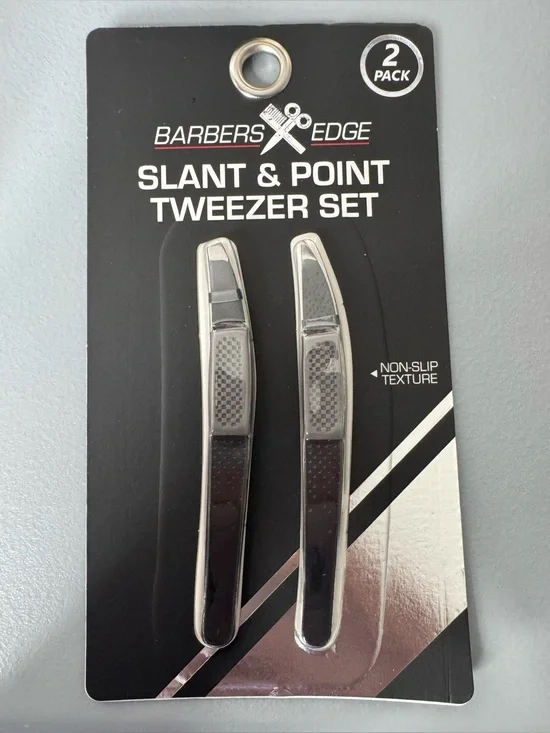 Barbers Edge Slant & Point Tweezer Set Silver/Black durable heavy duty non-slip